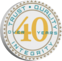 Badge that reads trust quality integrity over 40 years